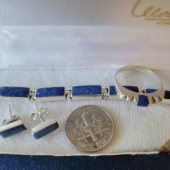 Vtg Morita Gil Sterling Silver Lapis Bracelet in Box and unmarked Earrings/Ring - Picture 2 of 11